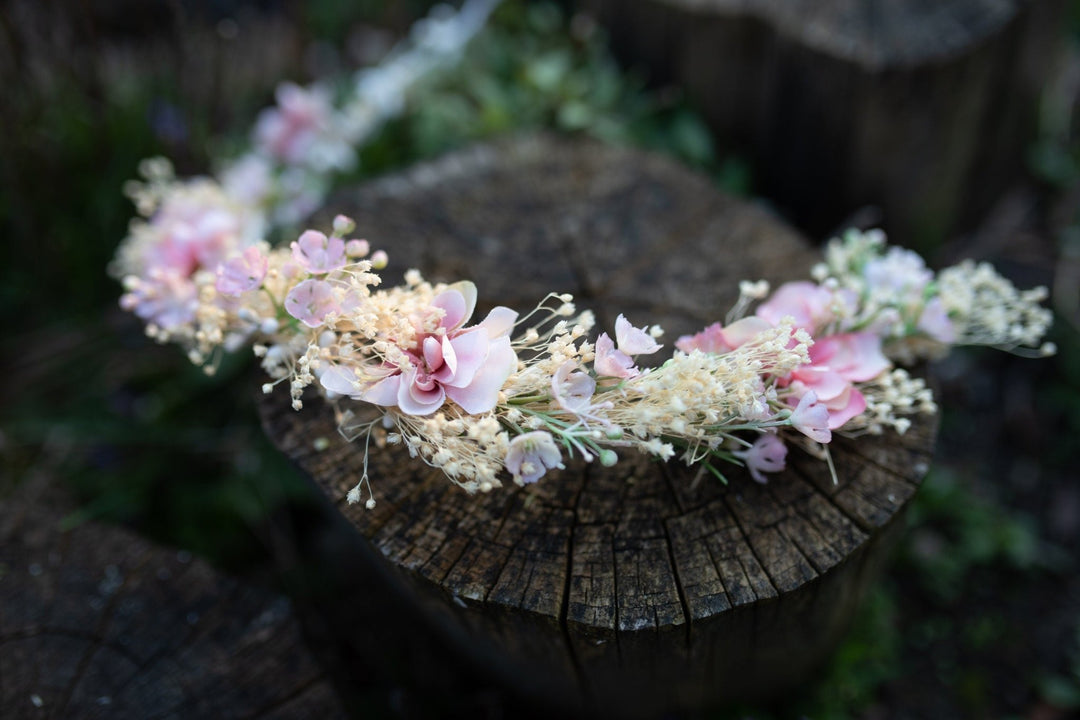 Pink & White Flower Hair Garland: Bridal Fairy Wreath – handmade floral hair accessory by magaela