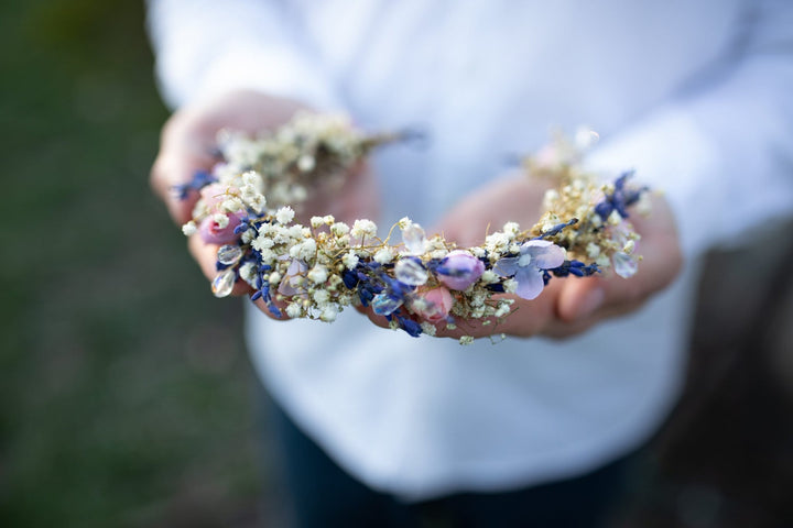 Lavender Flower Bridal Half Crown with Crystals – handmade floral hair accessory by magaela