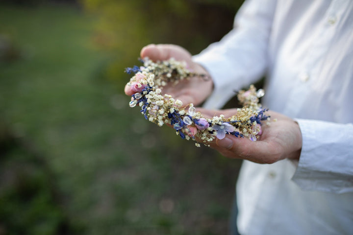 Lavender Flower Bridal Half Crown with Crystals – handmade floral hair accessory by magaela