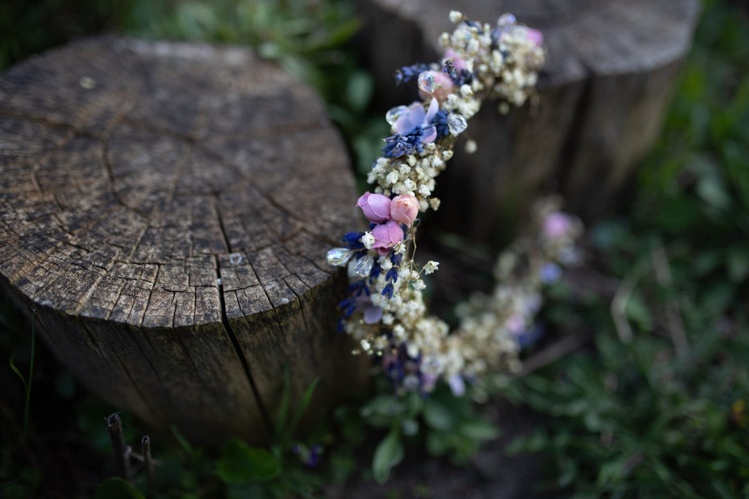 Lavender Flower Bridal Half Crown with Crystals – handmade floral hair accessory by magaela