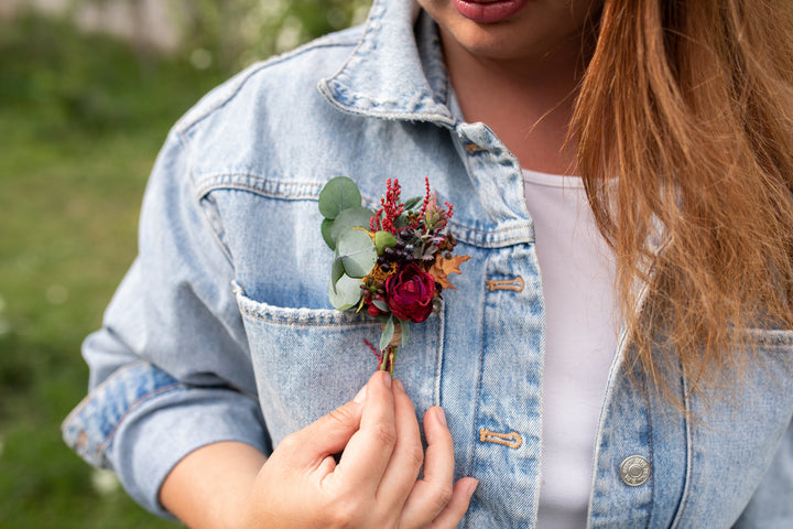 Autumn Wedding Boutonniere: Red Berries, Preserved Leaves – handmade floral hair accessory by magaela