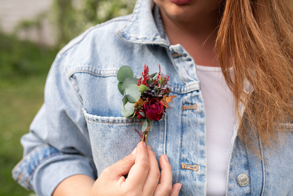 Autumn Wedding Boutonniere: Red Berries, Preserved Leaves – handmade floral hair accessory by magaela