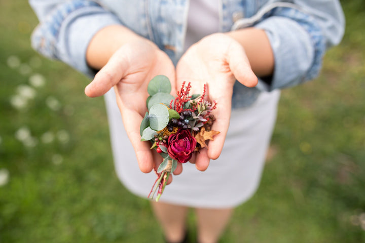 Autumn Wedding Boutonniere: Red Berries, Preserved Leaves – handmade floral hair accessory by magaela
