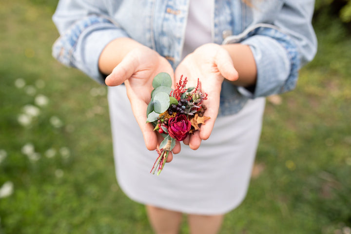 Autumn Wedding Boutonniere: Red Berries, Preserved Leaves – handmade floral hair accessory by magaela