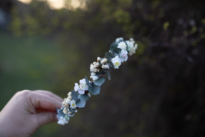 Eucalyptus Flower Crown: Baby's Breath Bridal Hair Wreath – handmade floral hair accessory by magaela