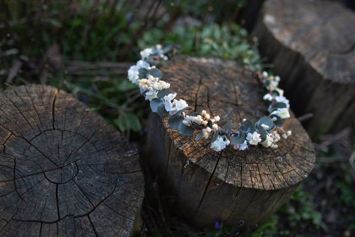 Eucalyptus Flower Crown: Baby's Breath Bridal Hair Wreath – handmade floral hair accessory by magaela