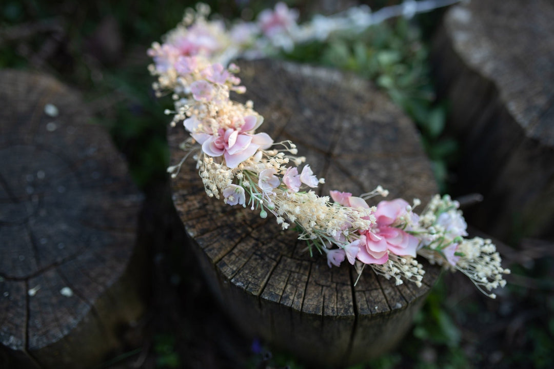 Pink & White Flower Hair Garland: Bridal Fairy Wreath – handmade floral hair accessory by magaela