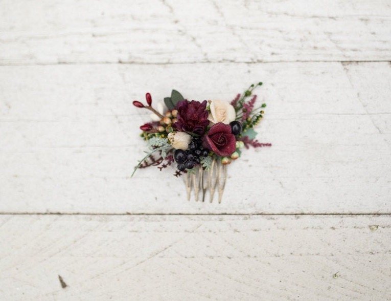 Burgundy Floral Mini Hair Comb: Woodland Wedding Accessory – handmade floral hair accessory by magaela