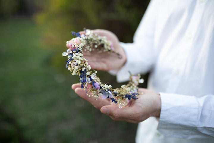 Lavender Flower Bridal Half Crown with Crystals – handmade floral hair accessory by magaela