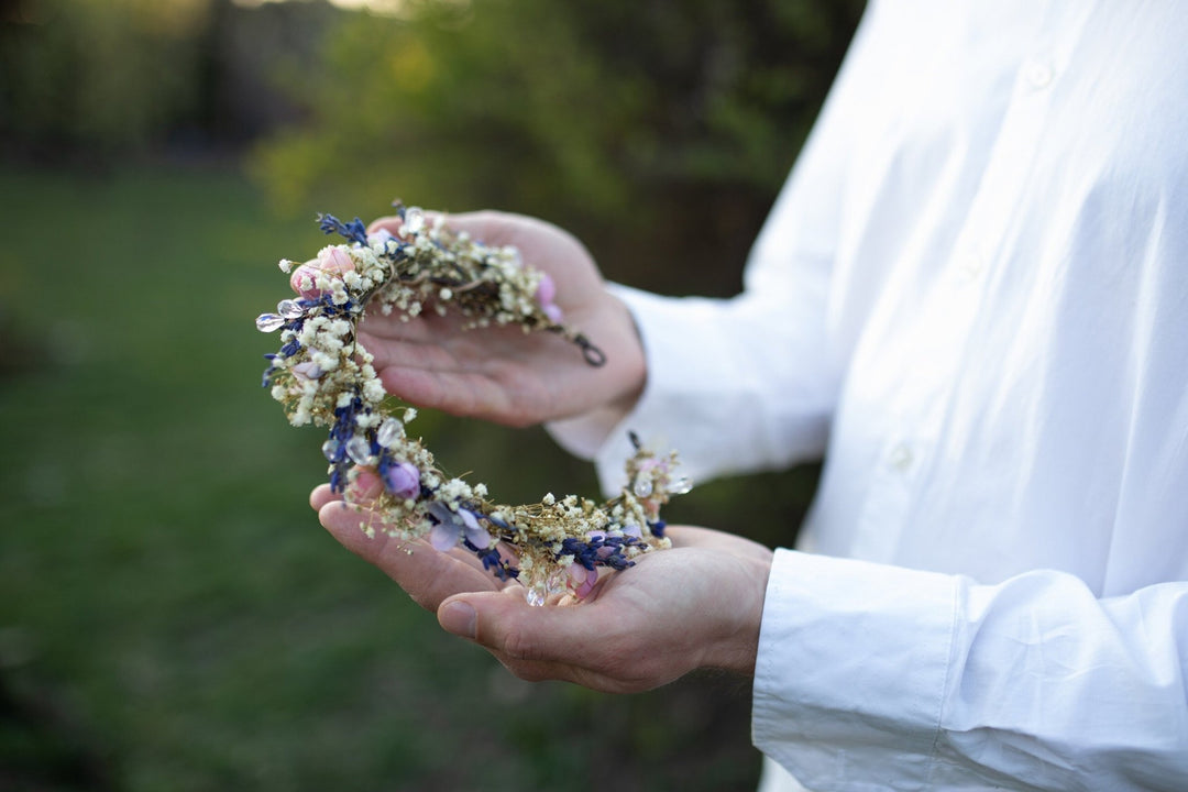 Lavender Flower Bridal Half Crown with Crystals – handmade floral hair accessory by magaela