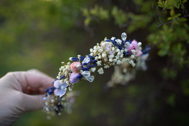 Lavender Flower Bridal Half Crown with Crystals – handmade floral hair accessory by magaela