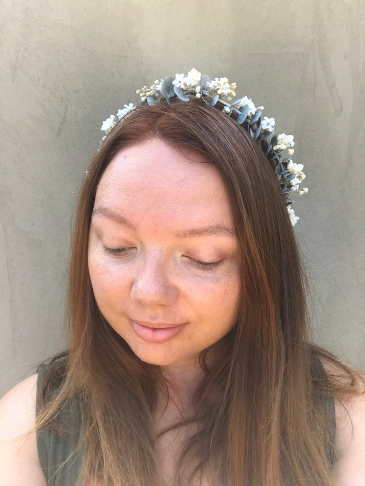 Eucalyptus Flower Crown: Baby's Breath Bridal Hair Wreath – handmade floral hair accessory by magaela