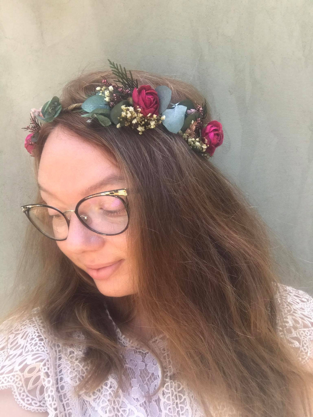 Handmade Eucalyptus Wedding Flower Crown: Burgundy Roses & Baby's Breath – handmade floral hair accessory by magaela