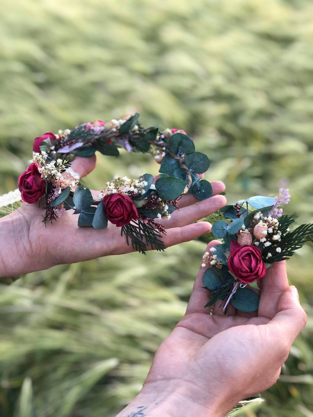Burgundy Rose Boutonniere: Eucalyptus Wedding Groom Accessory – handmade floral hair accessory by magaela