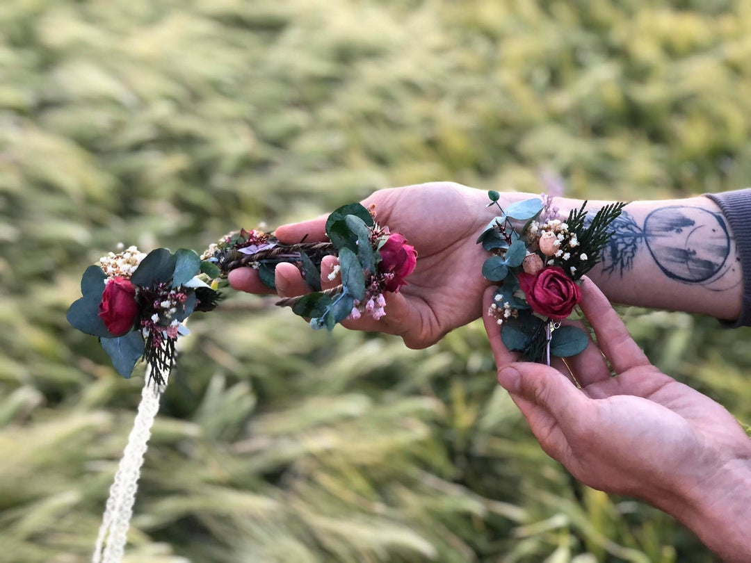 Burgundy Rose Boutonniere: Eucalyptus Wedding Groom Accessory – handmade floral hair accessory by magaela