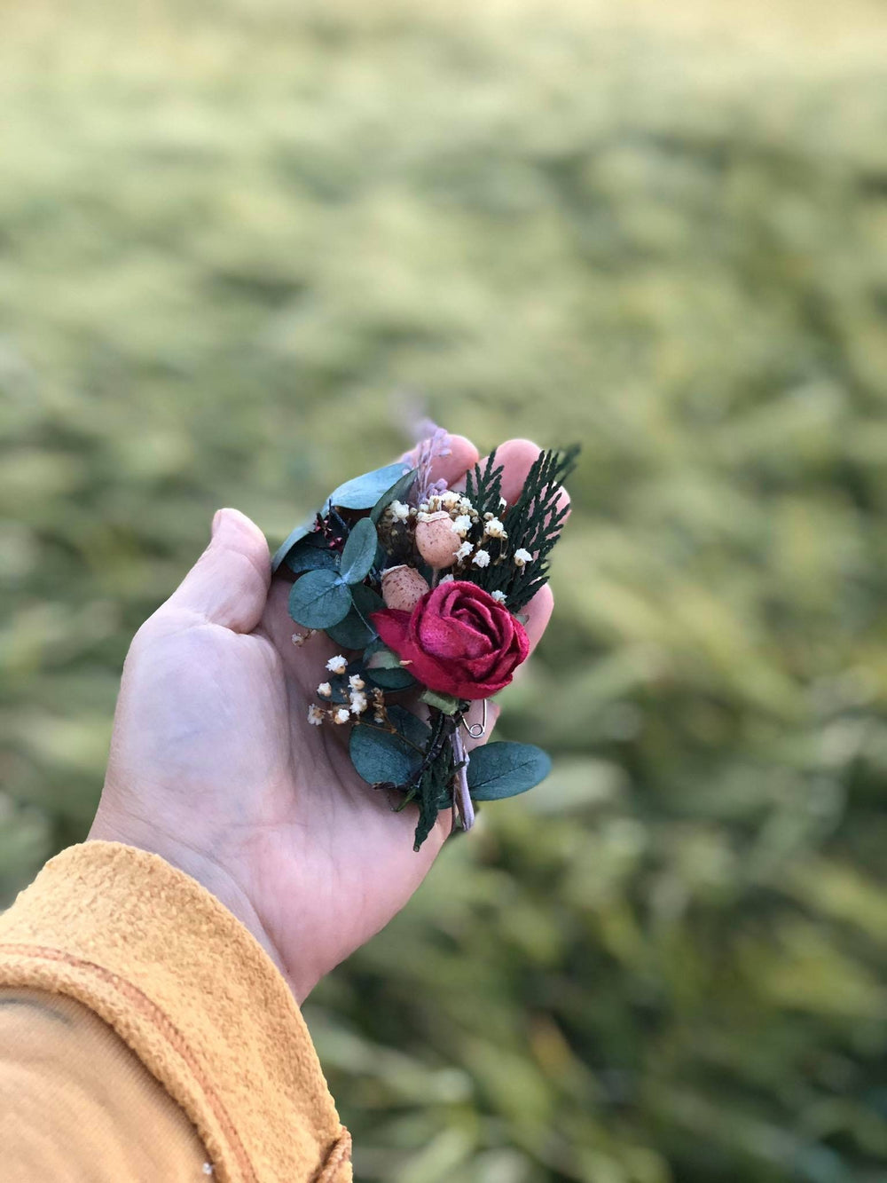 Burgundy Rose Boutonniere: Eucalyptus Wedding Groom Accessory – handmade floral hair accessory by magaela