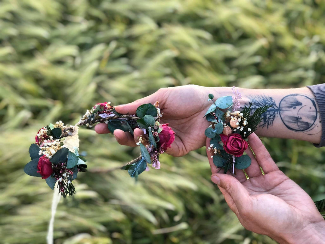 Burgundy Rose Boutonniere: Eucalyptus Wedding Groom Accessory – handmade floral hair accessory by magaela