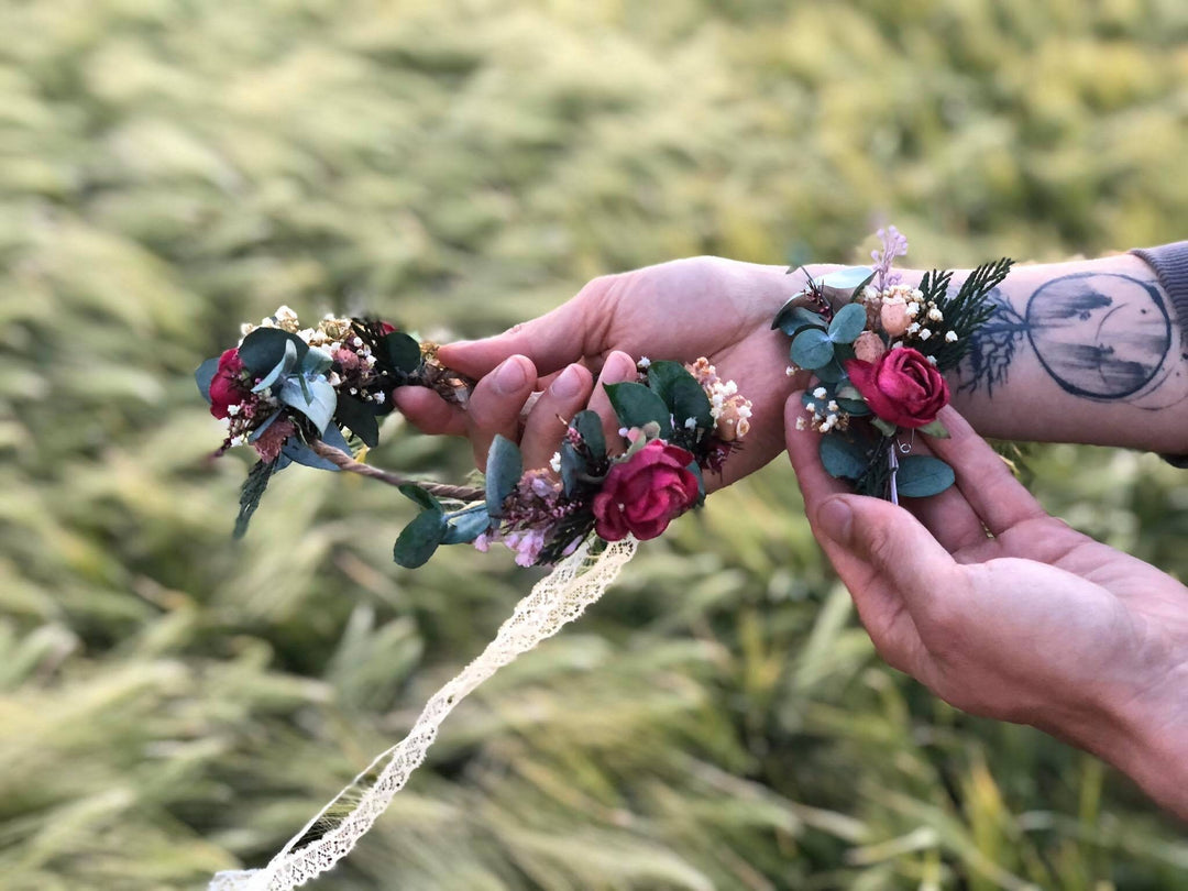 Burgundy Rose Boutonniere: Eucalyptus Wedding Groom Accessory – handmade floral hair accessory by magaela