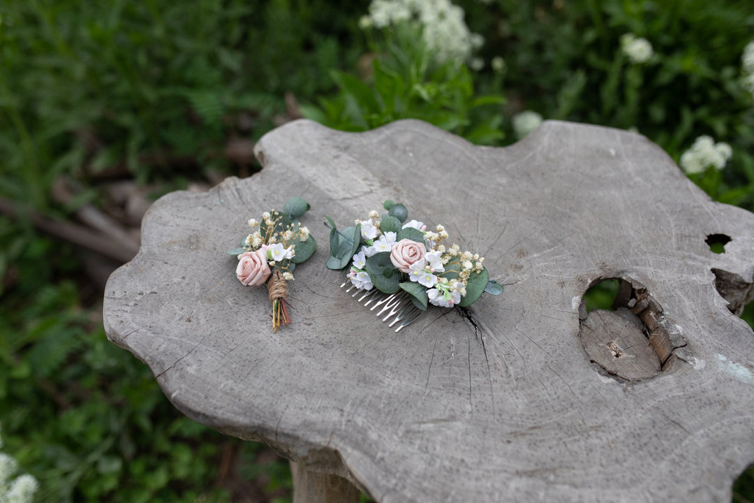 Dusty Pink Rose Boutonniere: Romantic Wedding Groomsmen Accessory – handmade floral hair accessory by magaela