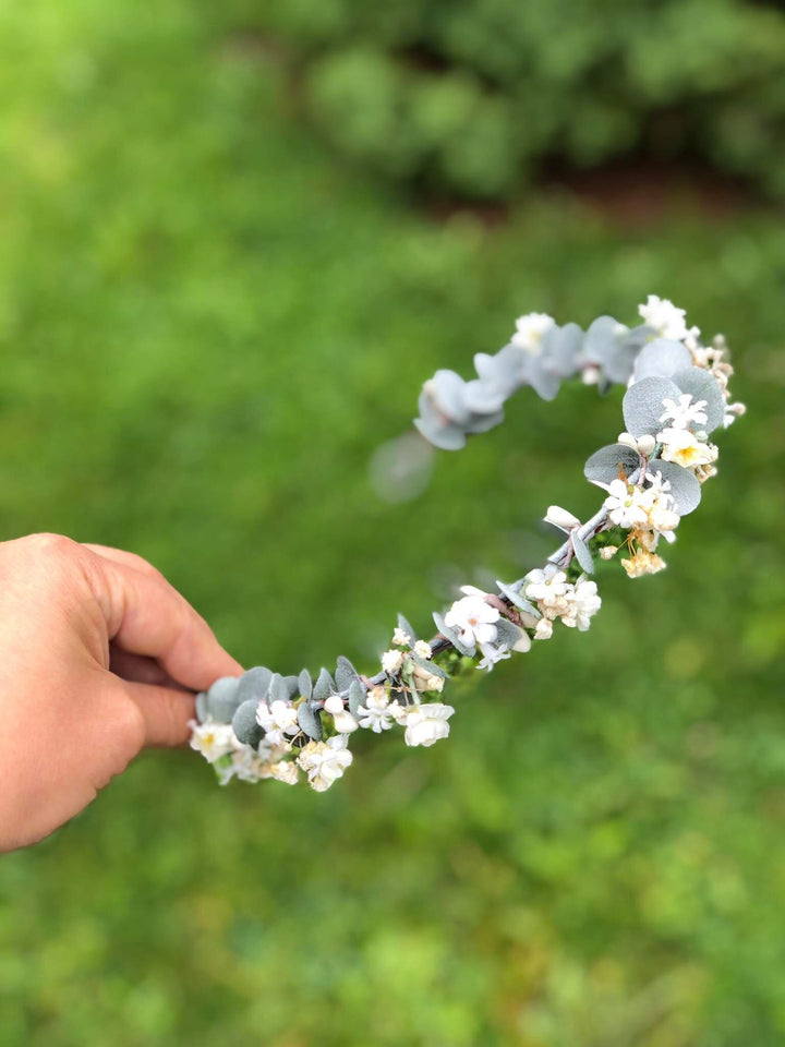 Eucalyptus Flower Crown: Baby's Breath Bridal Hair Wreath – handmade floral hair accessory by magaela