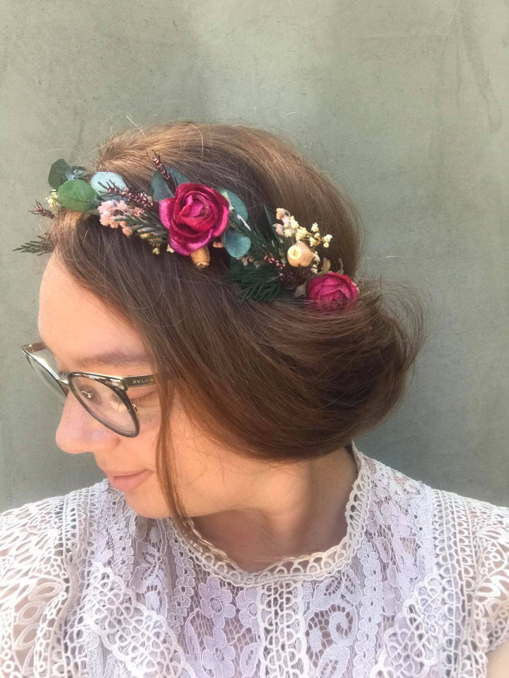Handmade Eucalyptus Wedding Flower Crown: Burgundy Roses & Baby's Breath – handmade floral hair accessory by magaela