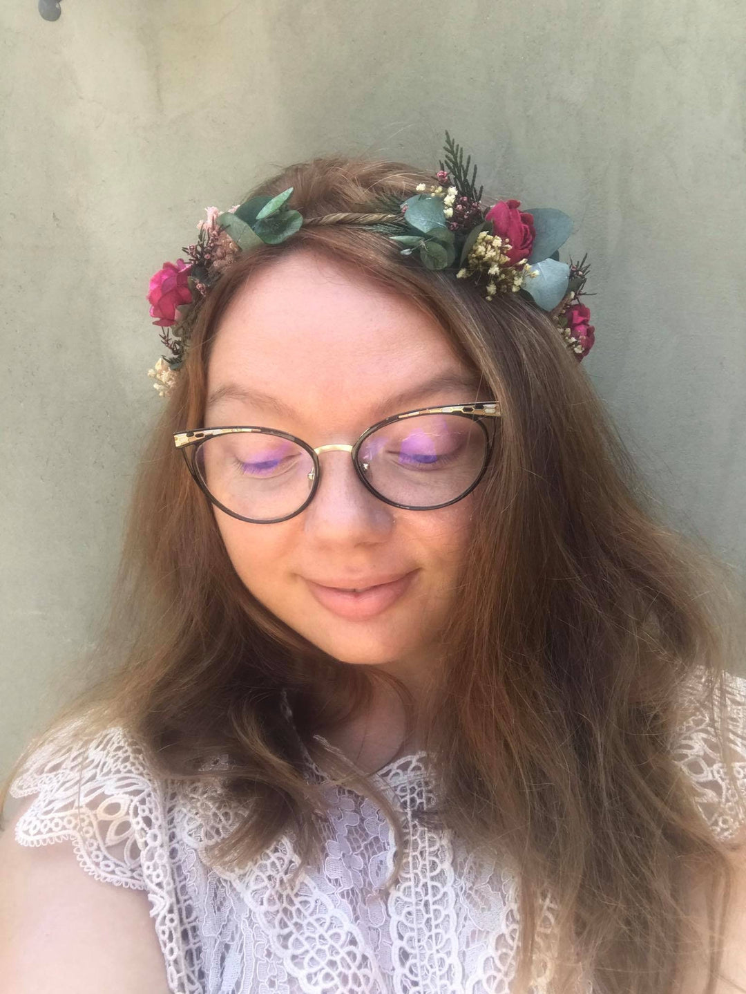 Handmade Eucalyptus Wedding Flower Crown: Burgundy Roses & Baby's Breath – handmade floral hair accessory by magaela