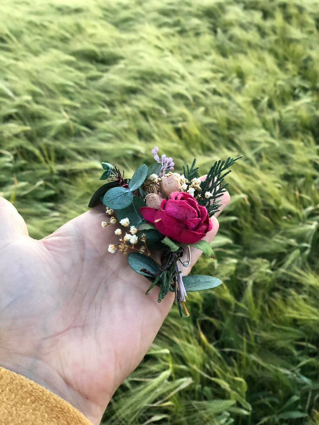 Burgundy Rose Boutonniere: Eucalyptus Wedding Groom Accessory – handmade floral hair accessory by magaela