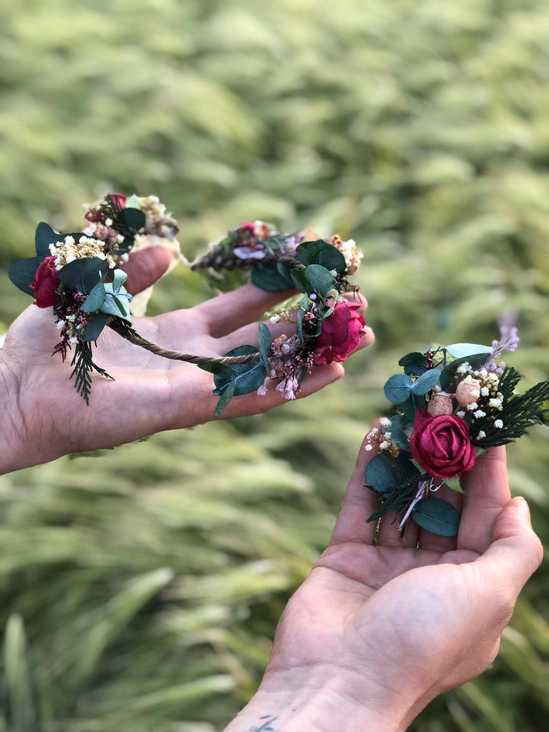 Burgundy Rose Boutonniere: Eucalyptus Wedding Groom Accessory – handmade floral hair accessory by magaela