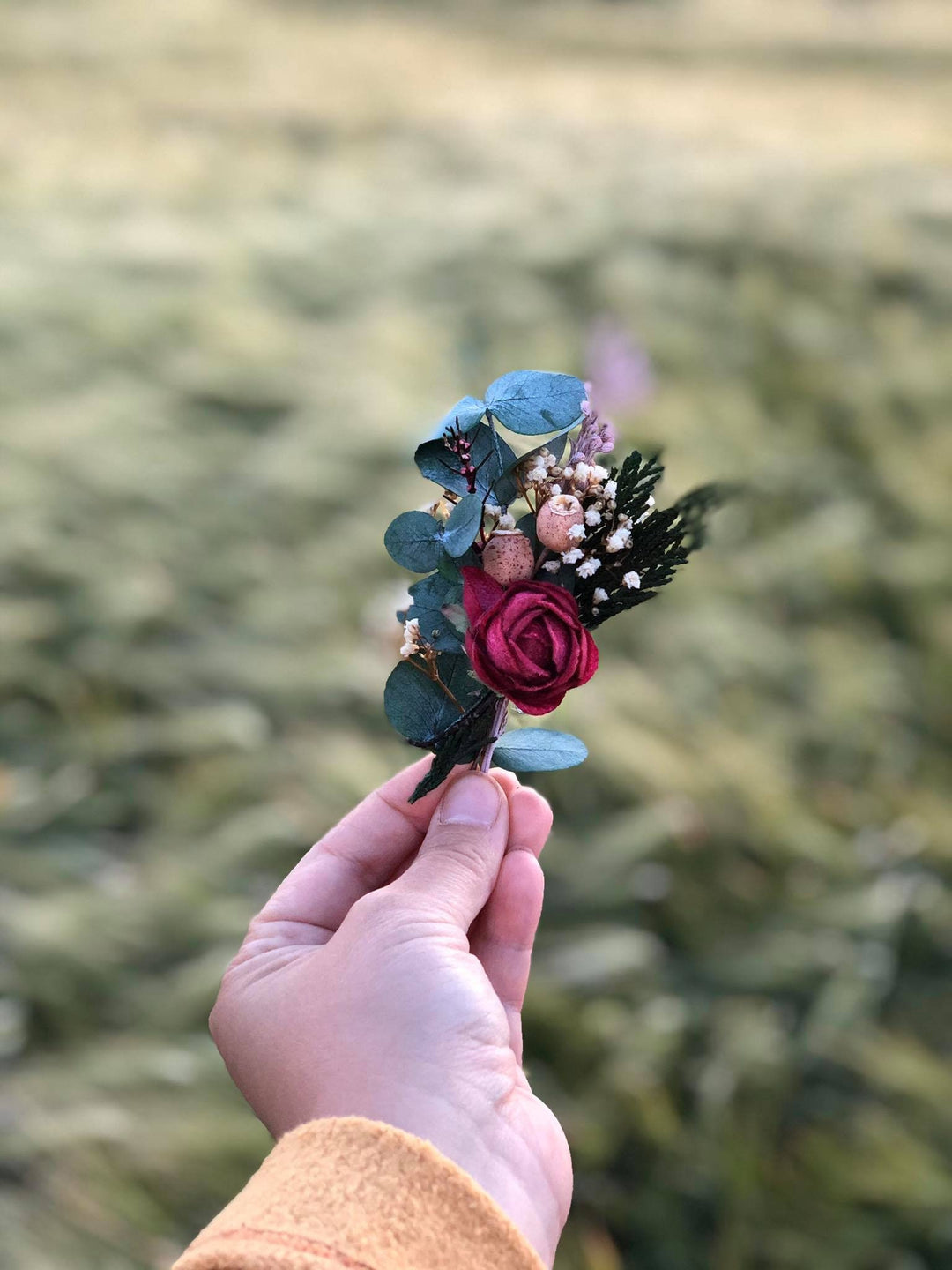 Burgundy Rose Boutonniere: Eucalyptus Wedding Groom Accessory – handmade floral hair accessory by magaela