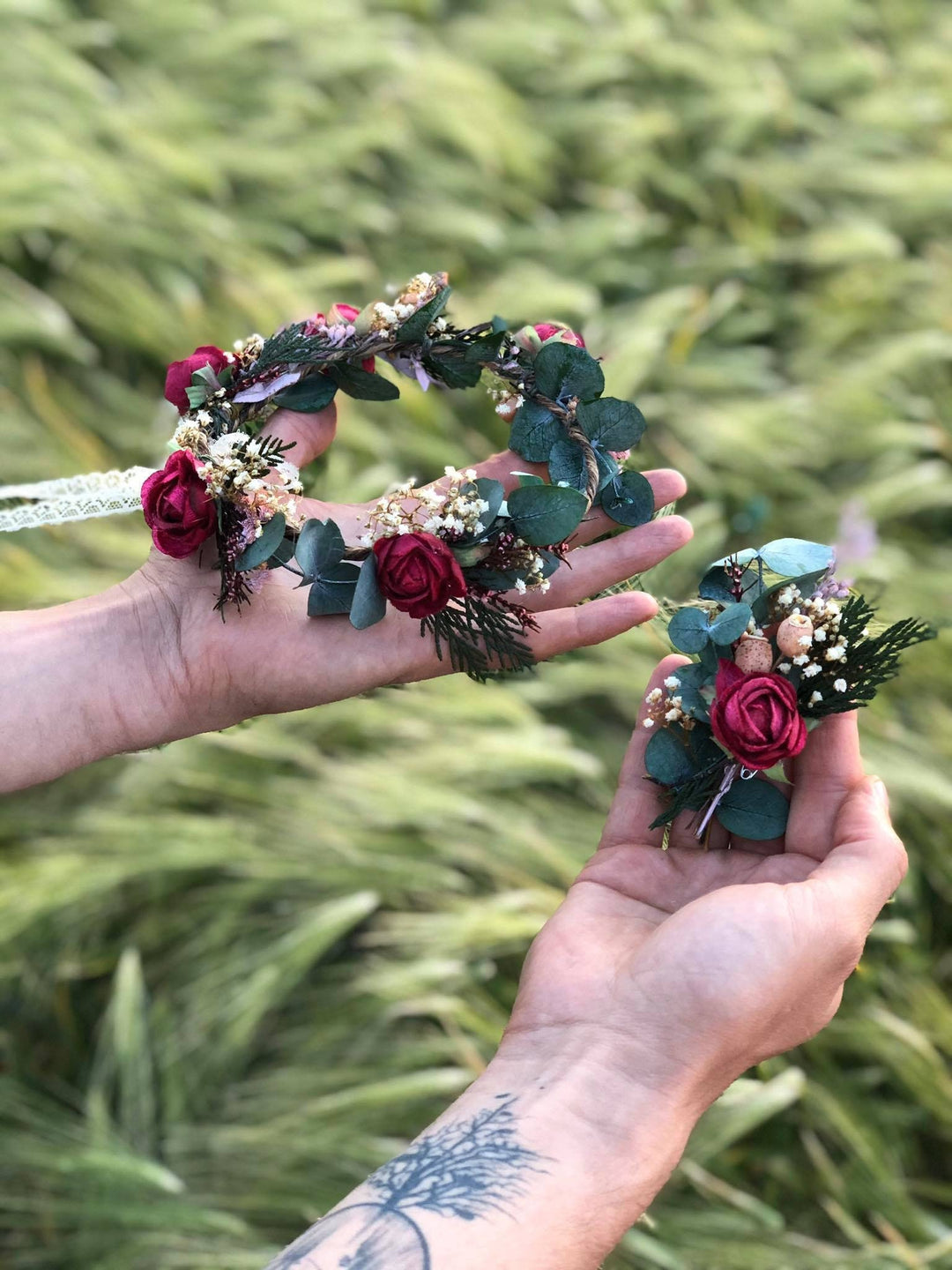 Burgundy Rose Boutonniere: Eucalyptus Wedding Groom Accessory – handmade floral hair accessory by magaela
