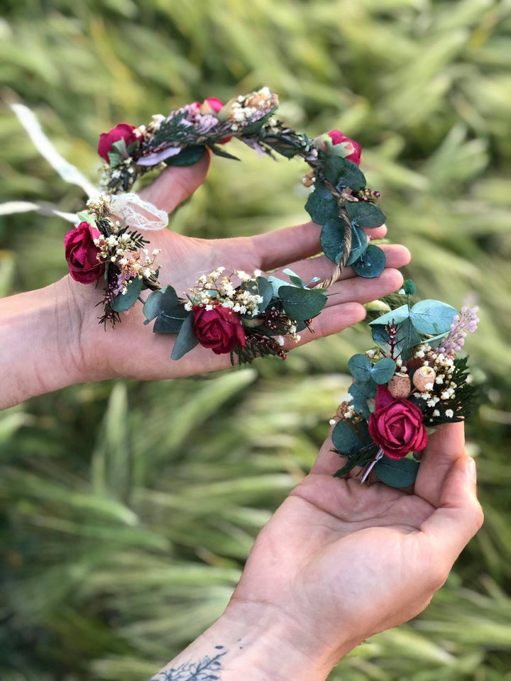 Burgundy Rose Boutonniere: Eucalyptus Wedding Groom Accessory – handmade floral hair accessory by magaela