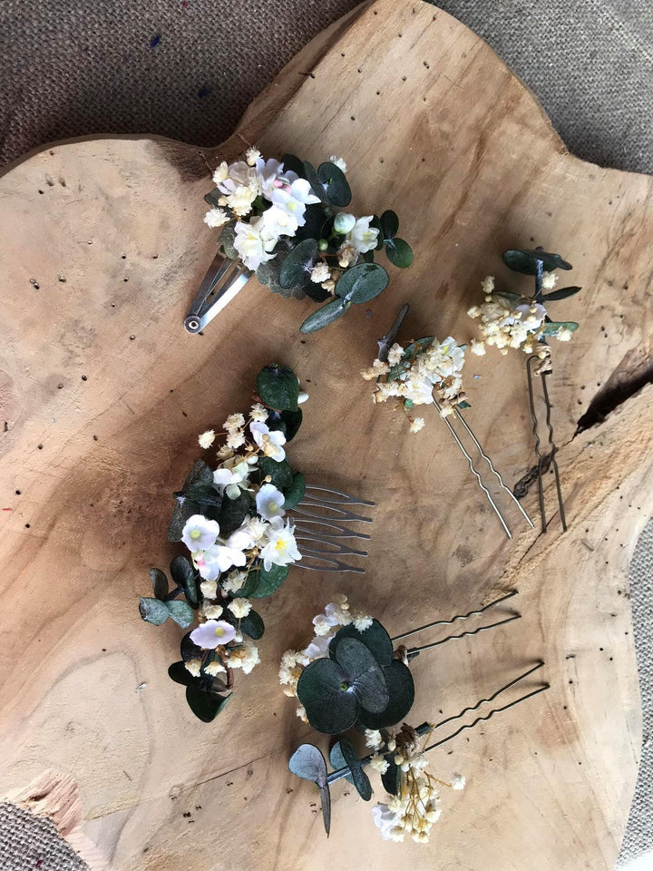 Eucalyptus & Baby's Breath Wedding Hair Pin: Green Flower Jewelry – handmade floral hair accessory by magaela