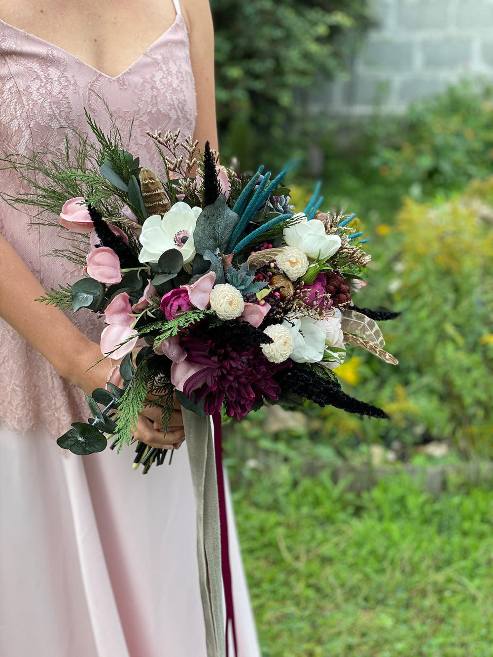 Burgundy Wedding Bouquet: Boho Teal Plum Artificial Bridal Flowers – handmade floral hair accessory by magaela