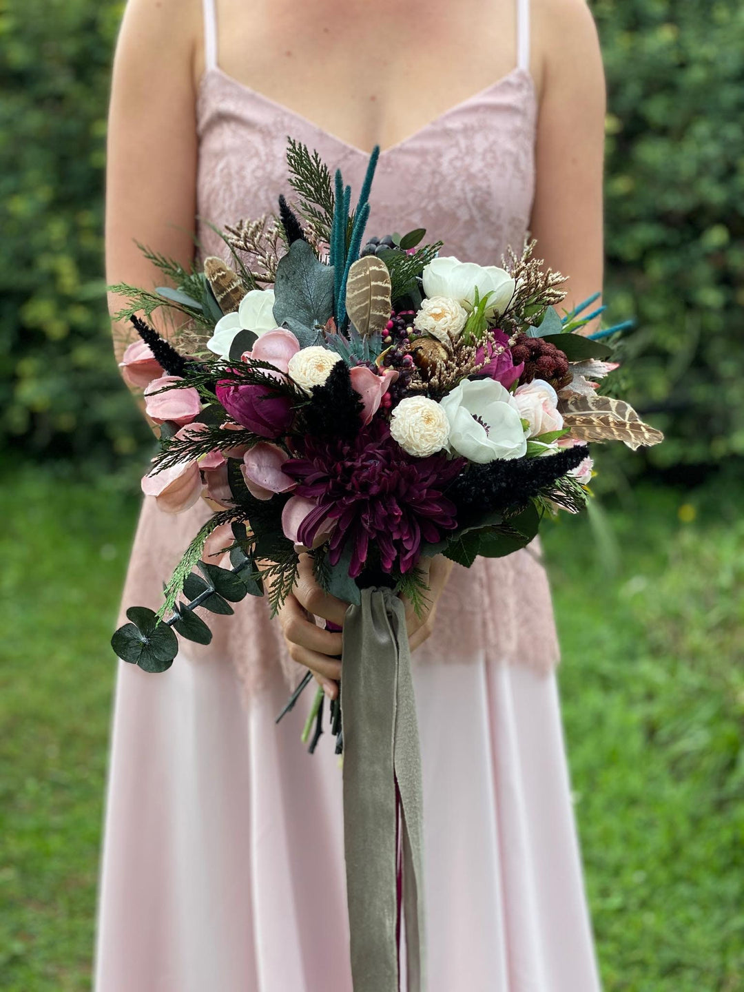 Burgundy Wedding Bouquet: Boho Teal Plum Artificial Bridal Flowers – handmade floral hair accessory by magaela