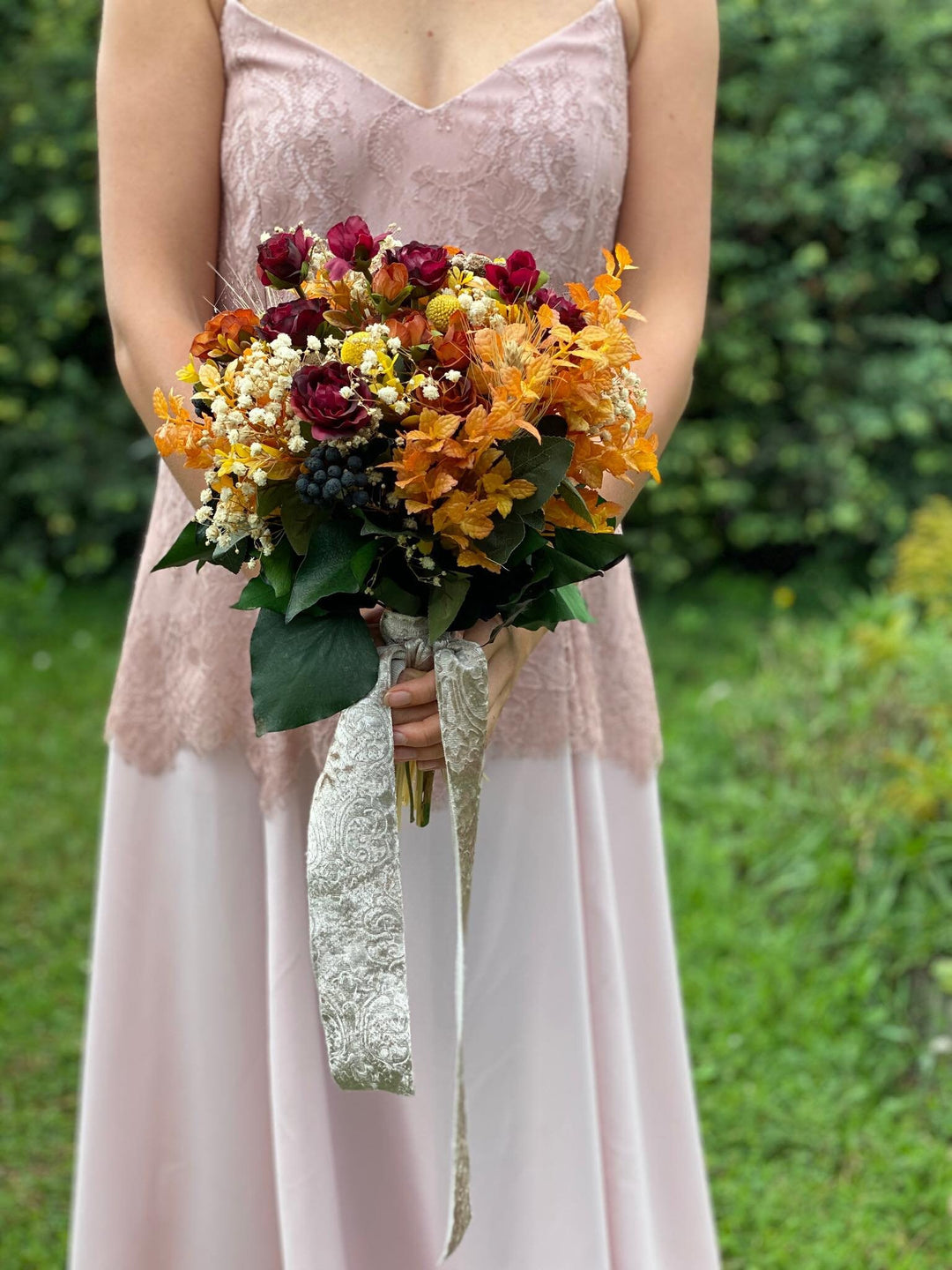Burgundy Orange Wedding Bouquet: Handmade Autumn Bridal Flowers – handmade floral hair accessory by magaela