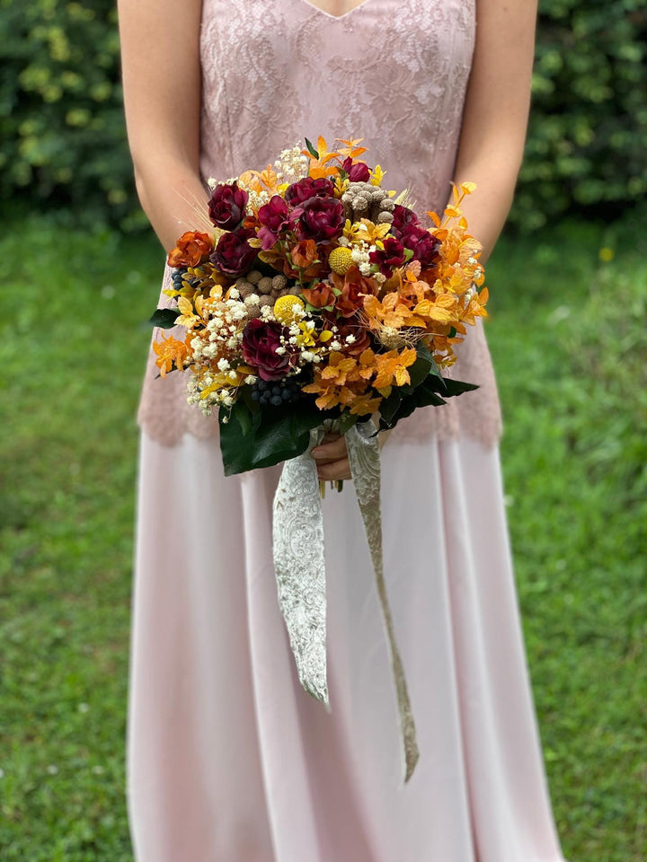 Burgundy Orange Wedding Bouquet: Handmade Autumn Bridal Flowers – handmade floral hair accessory by magaela