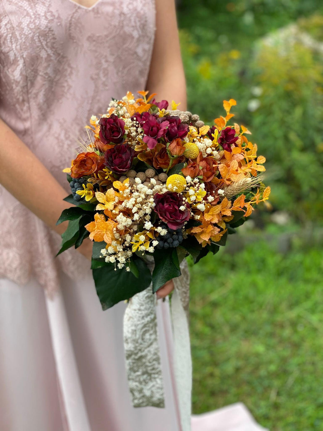Burgundy Orange Wedding Bouquet: Handmade Autumn Bridal Flowers – handmade floral hair accessory by magaela