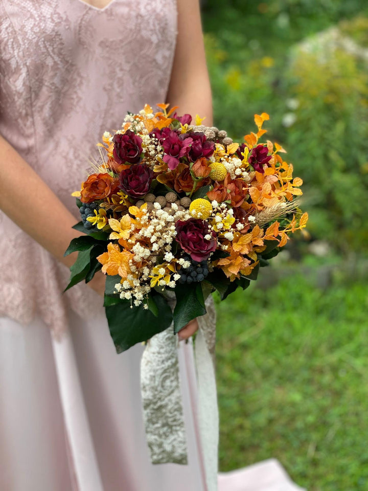 Burgundy Orange Wedding Bouquet: Handmade Autumn Bridal Flowers – handmade floral hair accessory by magaela
