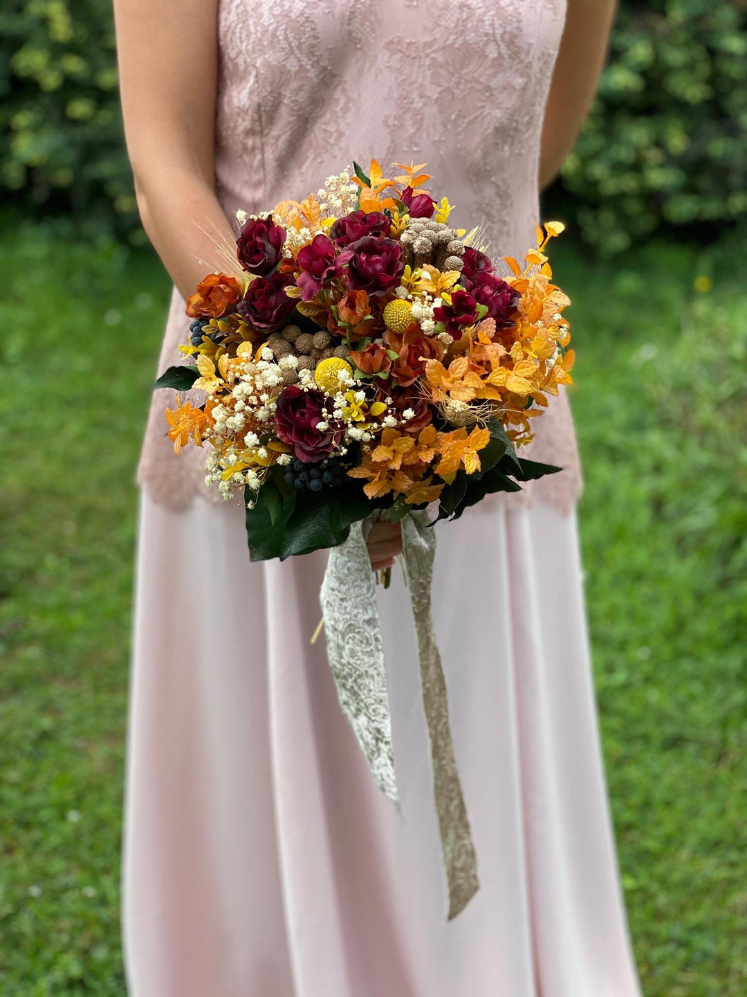 Burgundy Orange Wedding Bouquet: Handmade Autumn Bridal Flowers – handmade floral hair accessory by magaela