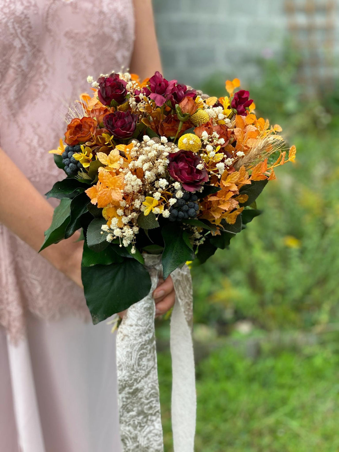 Burgundy Orange Wedding Bouquet: Handmade Autumn Bridal Flowers – handmade floral hair accessory by magaela