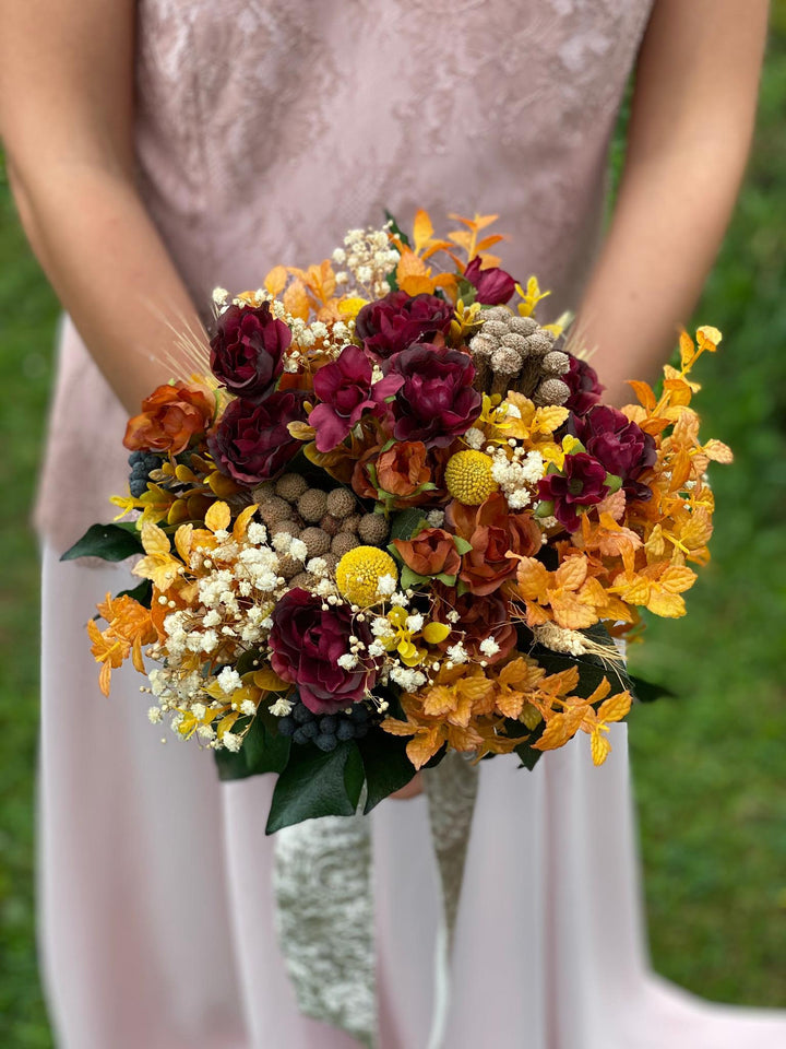 Burgundy Orange Wedding Bouquet: Handmade Autumn Bridal Flowers – handmade floral hair accessory by magaela