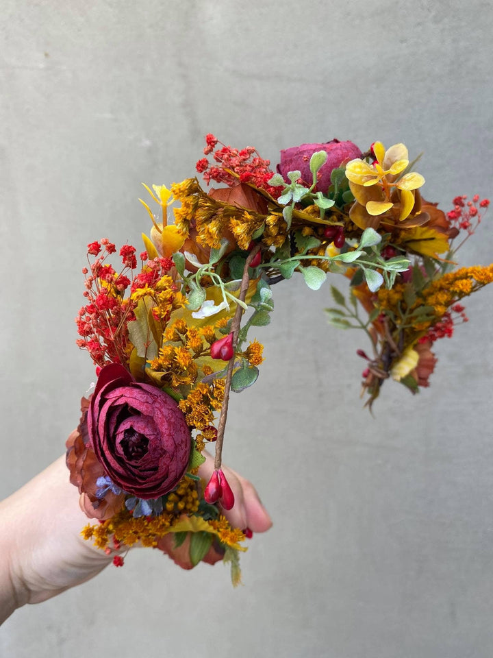 Boho Autumn Flower Crown: Half Wreath Bridal Hair Accessory – handmade floral hair accessory by magaela