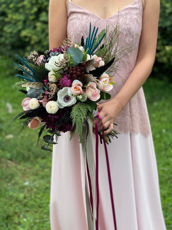 Burgundy Wedding Bouquet: Boho Teal Plum Artificial Bridal Flowers – handmade floral hair accessory by magaela
