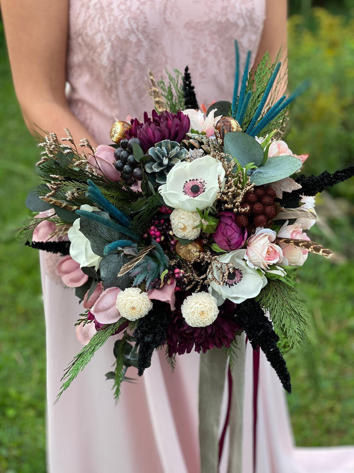 Burgundy Wedding Bouquet: Boho Teal Plum Artificial Bridal Flowers – handmade floral hair accessory by magaela