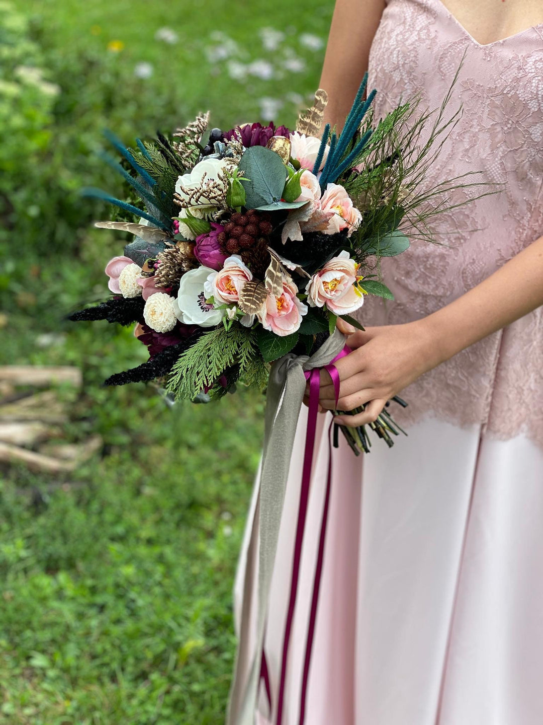 Burgundy Wedding Bouquet: Boho Teal Plum Artificial Bridal Flowers – handmade floral hair accessory by magaela