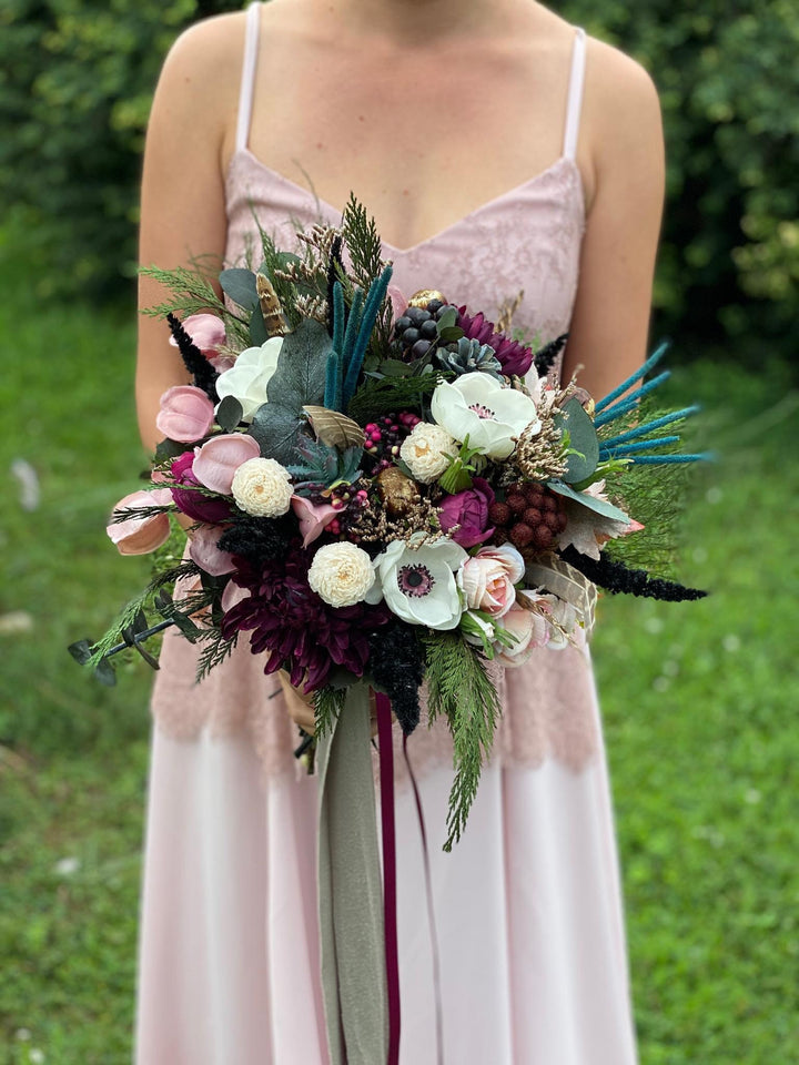 Burgundy Wedding Bouquet: Boho Teal Plum Artificial Bridal Flowers – handmade floral hair accessory by magaela