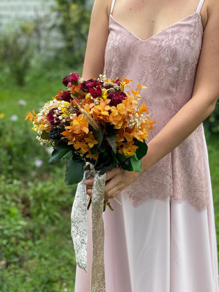 Burgundy Orange Wedding Bouquet: Handmade Autumn Bridal Flowers – handmade floral hair accessory by magaela