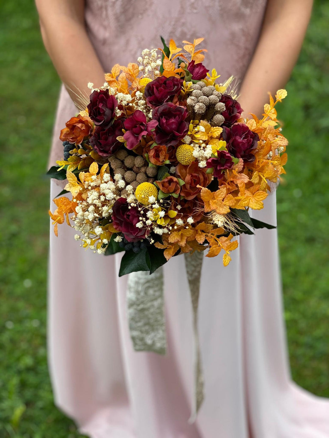 Burgundy Orange Wedding Bouquet: Handmade Autumn Bridal Flowers – handmade floral hair accessory by magaela