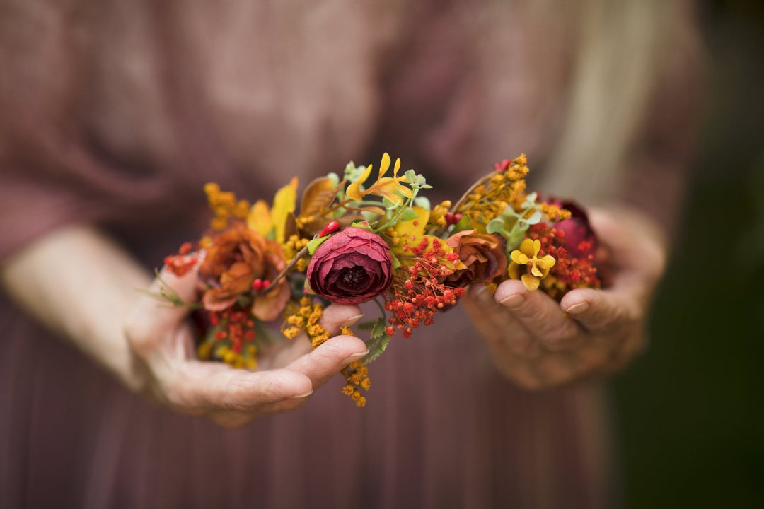 Boho Autumn Flower Crown: Half Wreath Bridal Hair Accessory – handmade floral hair accessory by magaela