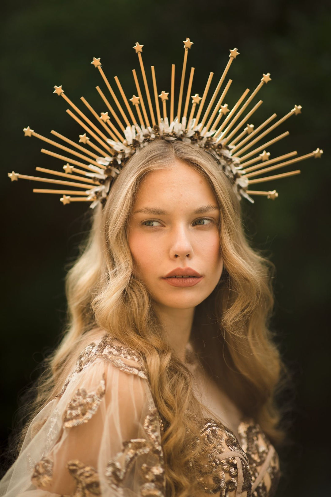 Golden Sunburst Halo Crown: Star Wedding Headband – handmade floral hair accessory by magaela